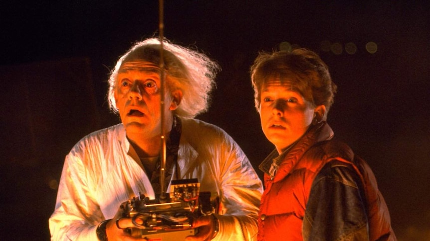 Christopher Lloyd as Doc Brown and Michael J Fox as Marty McFly in a scene from Back to the Future