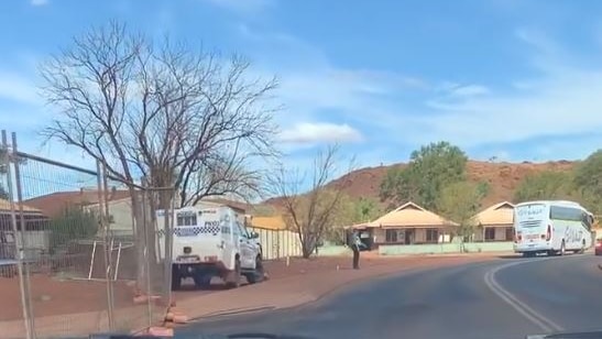 A paddy wagon is parked on the side of a country road, next to a skeletal tree. The sky is blue and clear.