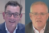A composite image of Daniel Andrews and Scott Morrison, made up of stills from a videolink press conference.