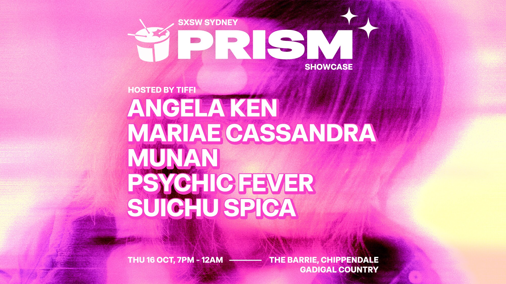 Blurred image of a person with a pink filter and white text