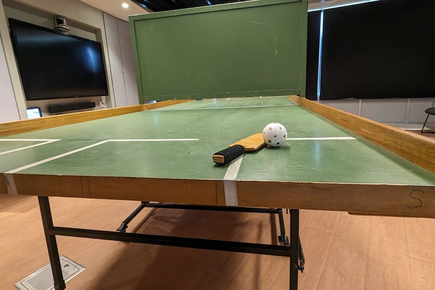 A swish table tennis table featuring a 75 centimetre wooden wall in the centre, and a paddle and ball resting on the table.
