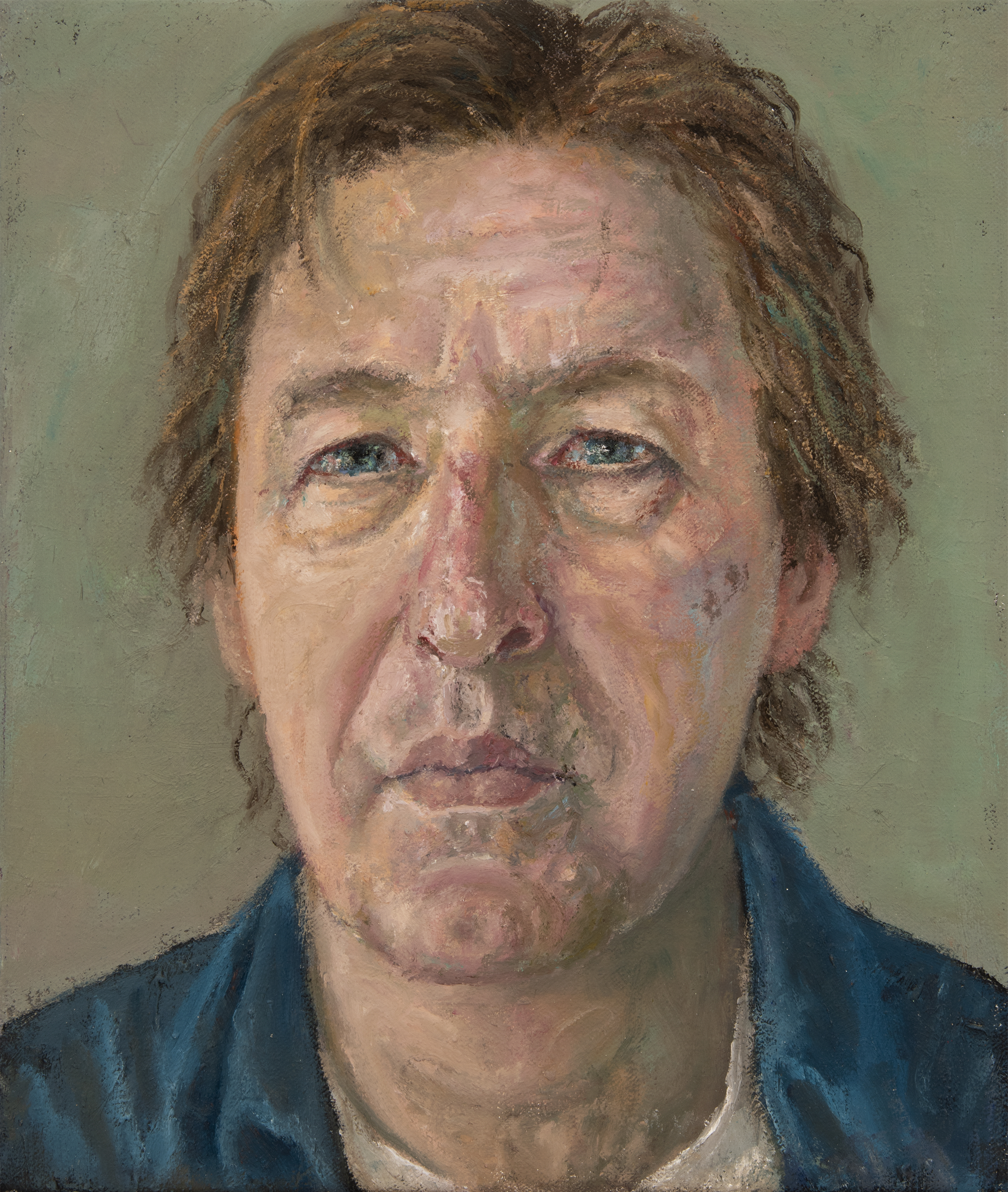 An oil portrait painting in muted pastel colours of a white middle-aged man with scruffy light brown hair and blue eyes.