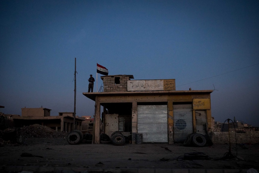 A soldier stands on top of a building in Mosul.
