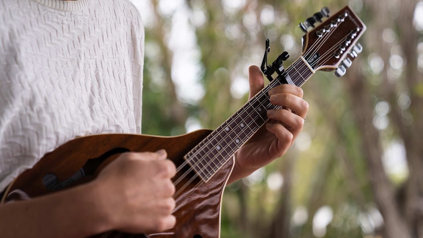 person sitting playing mandolin, close view of hands and fingers on instrument