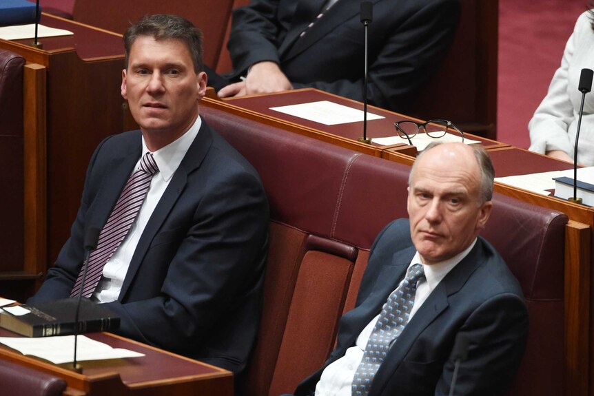 Liberal Senators Cory Bernadi (left) and Eric Abetz in the Senate.