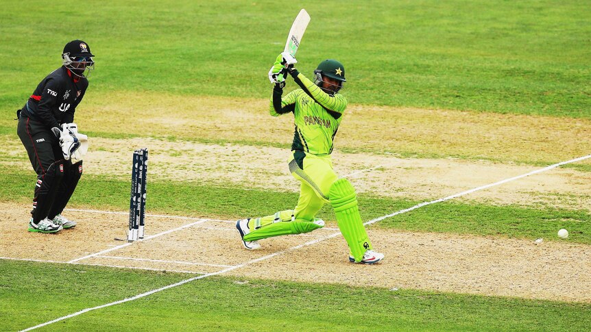 Pakistan's Haris Sohail drives for four against UAE in their Cricket World Cup match in Napier.