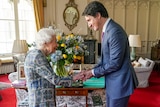 An elderly woman extends her hand to a grinning middle-aged man who holds it in both his hands in a room with red carpet.