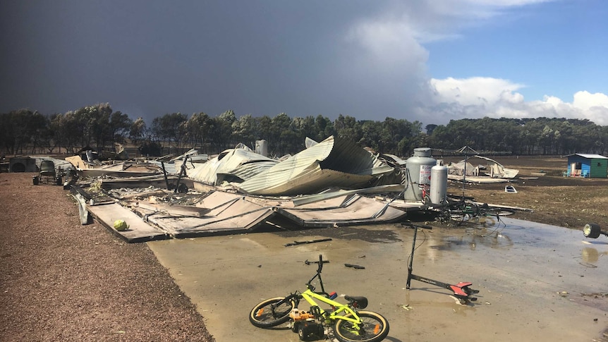 A house flattened at Terang, in western Victoria following a wind change on March 18, 2018.