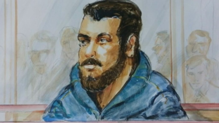 A drawing of a man with a beard and moustache, wearing a blue hooded jumper.
