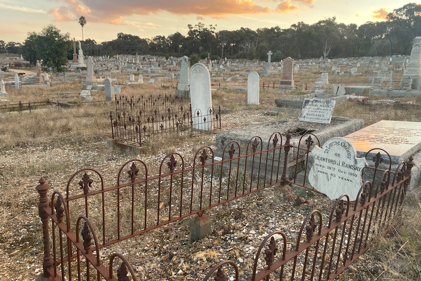 graveyard with hundreds of graves in shot and nice sunset