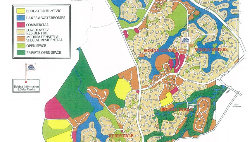 A land sales map of Robina, Clear Island Waters and Kerrydale, Robina Quays, Robina Woods, Robina waters, robina parks