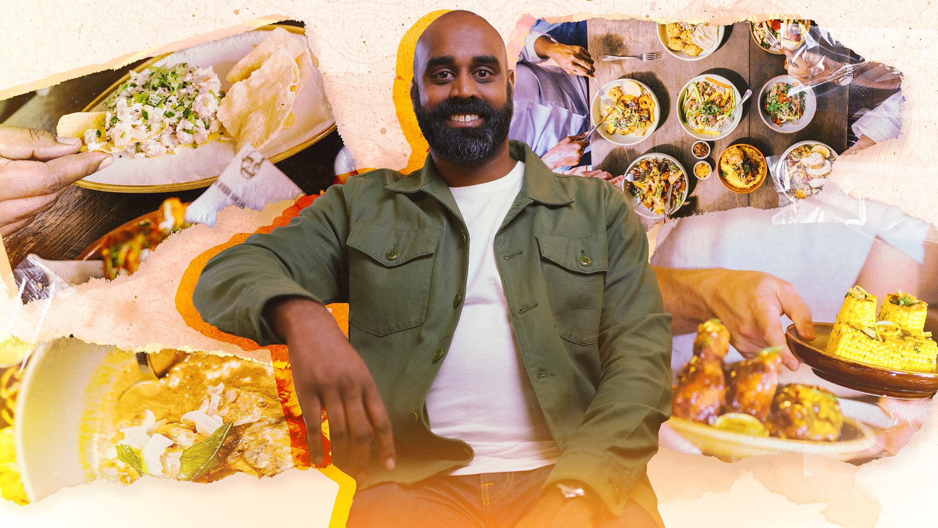 Graphic image man who is bald and has a beard surrounded by images of food