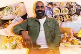 Graphic image man who is bald and has a beard surrounded by images of food