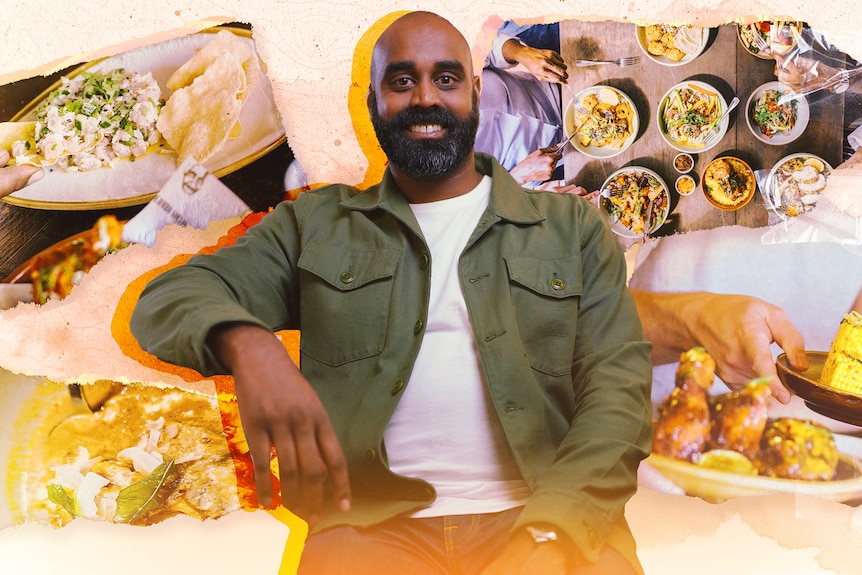 Graphic image man who is bald and has a beard surrounded by images of food