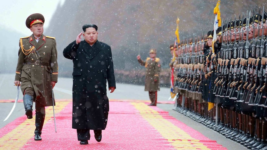 Kim Jong-un walks past North Korean soldiers as part of an inspection.