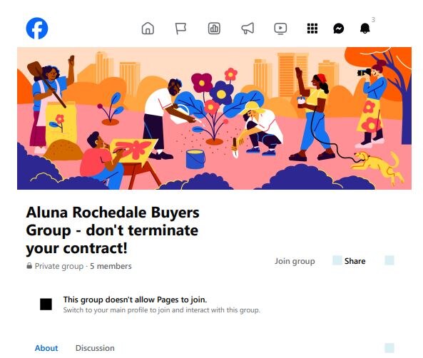 Picture of a private Facebook group called Aluna Rochedale Buyers Group - don't terminate your contract.
