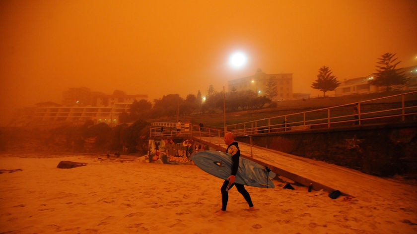 A surfer heads for the water as a dust storm blankets Bondi Beach in Sydney, September 23, 2009.