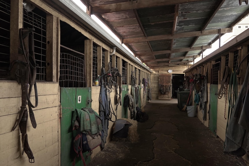 A long shot of horse stables with no horses in them