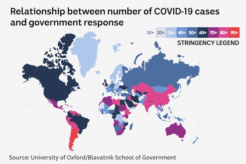 A map showing the world in different colours according to a "stringency legend".