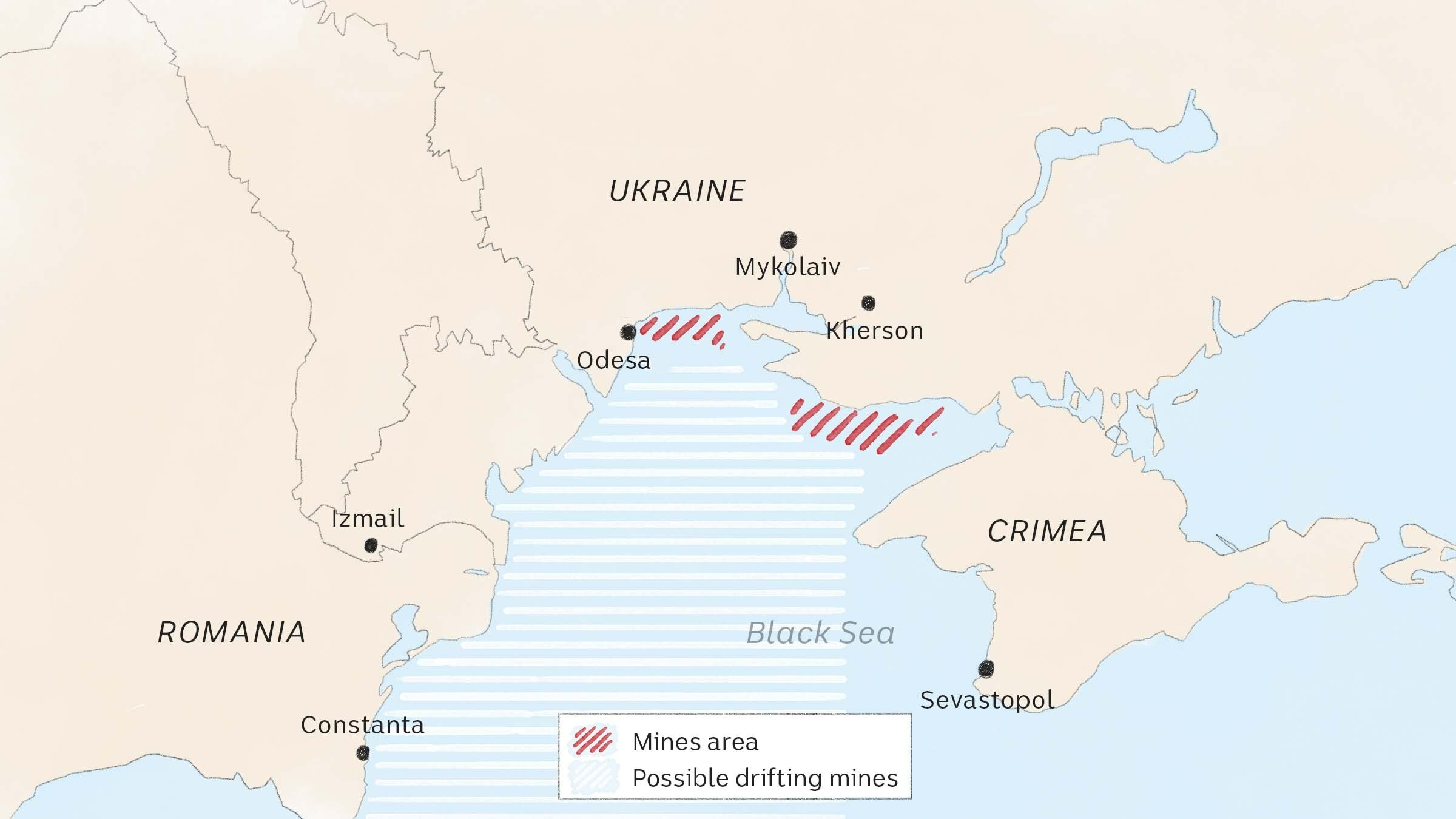 Water colour map of shipping port locations surround Ukraine.