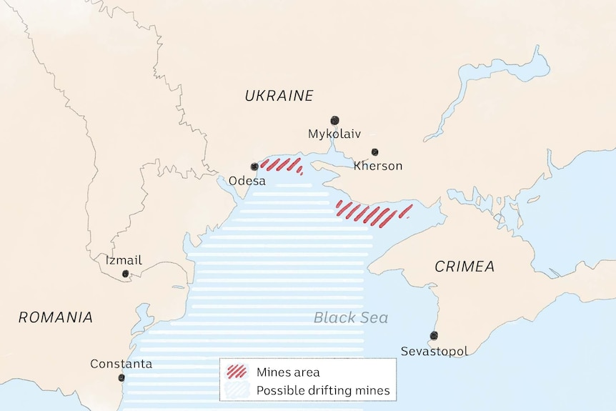 Water colour map of shipping port locations surround Ukraine.