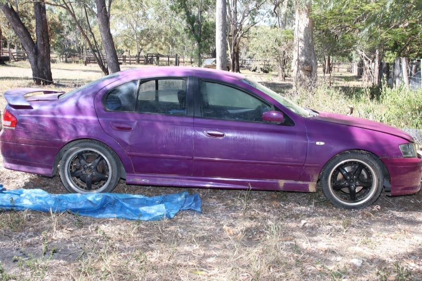 Purple sedan with black mag wheels seen from side on
