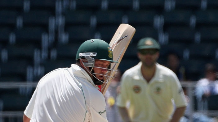 Jacques Kallis looks on helplessly as the he loses his wicket on 45.