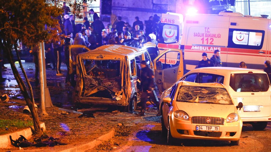 Emergency crews at the site of an explosion in central Istanbul, Turkey.