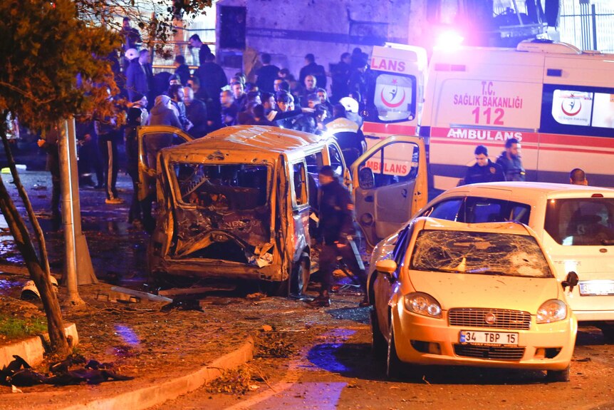 Emergency crews at the site of an explosion in central Istanbul, Turkey.