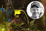 A crashed car in trees and an inset photo of a man in a baseball cap.
