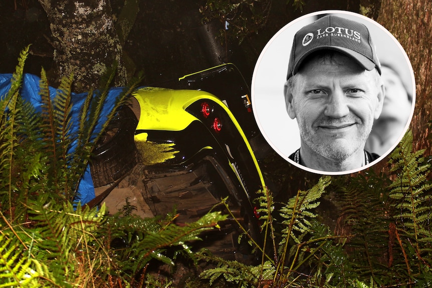 A crashed car in trees and an inset photo of a man in a baseball cap.