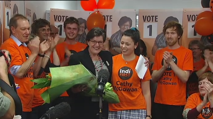 Cathy McGowan with supporters after winning the seat of Indi.