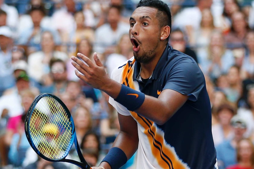 Nick Kyrgios reacts at the US Open