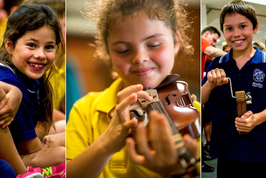 A composite image of a smiling schoolgirl, a schoolgirl playing a violin and a schoolboy playing a percussion instrument.