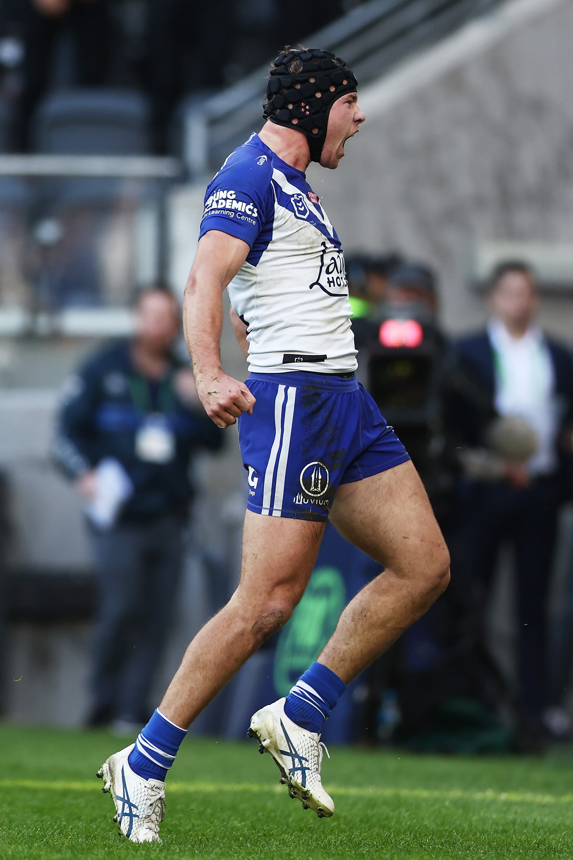 Matt Burton shouts after a try for the Canterbury Bulldogs in the NRL.