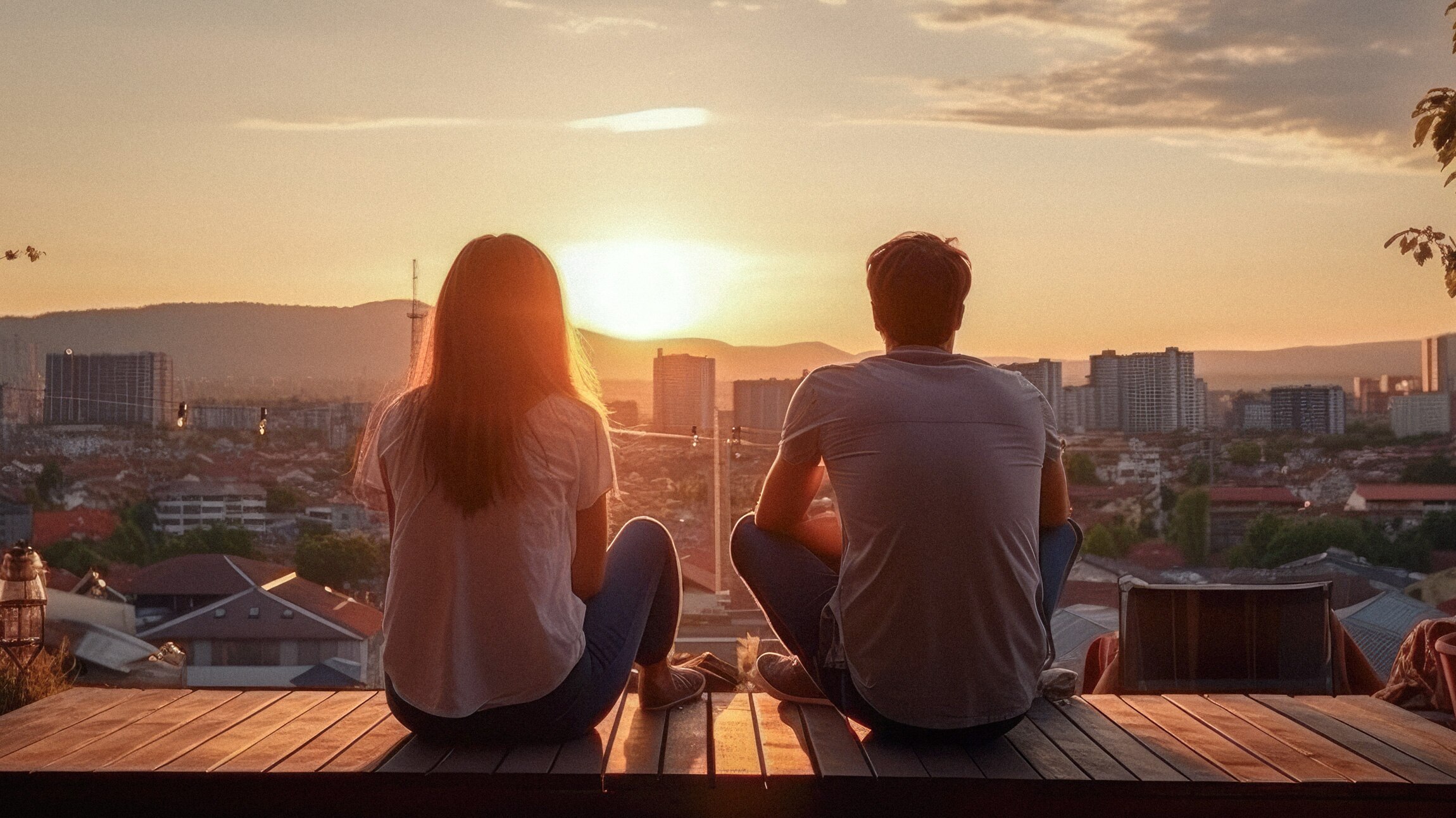 Man and woman sitting on a rooftop