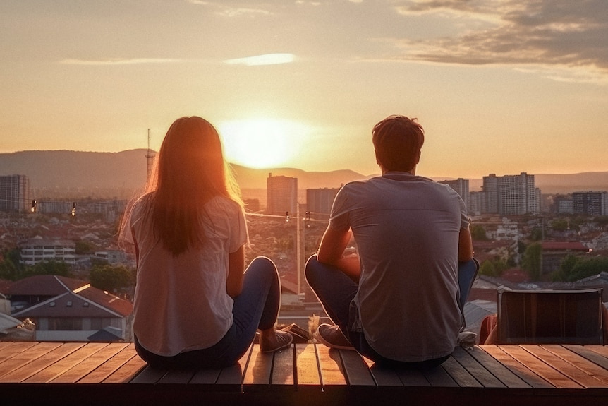 Man and woman sitting on a rooftop