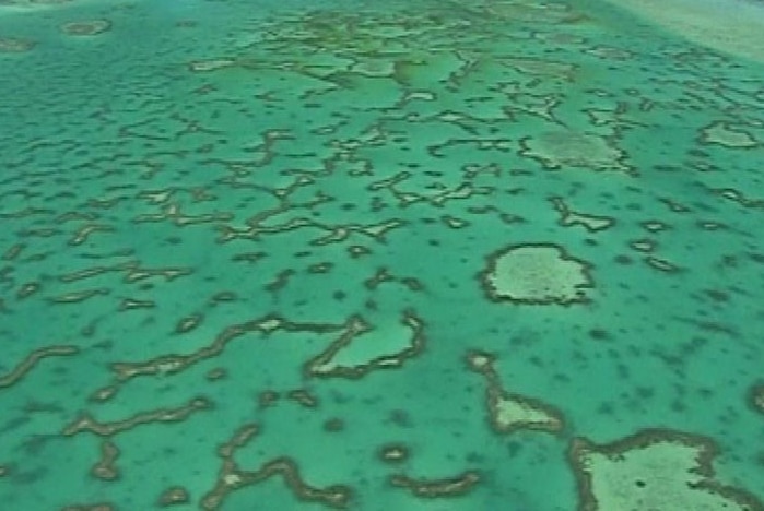 TV still of aerial shot of Great Barrier Reef coral and ocean, off north Queensland.