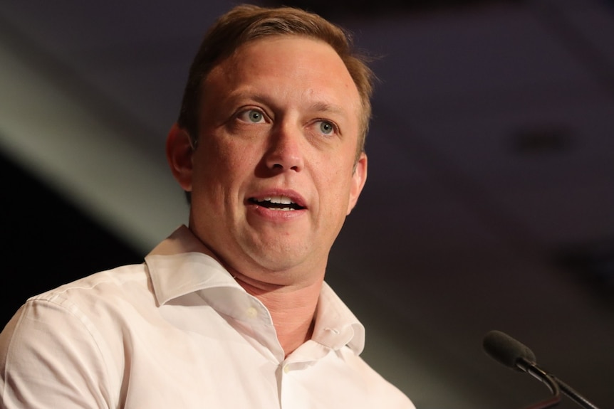 Close headshot of Queensland Deputy Premier Steven Miles speaking at a media conference in Brisbane.