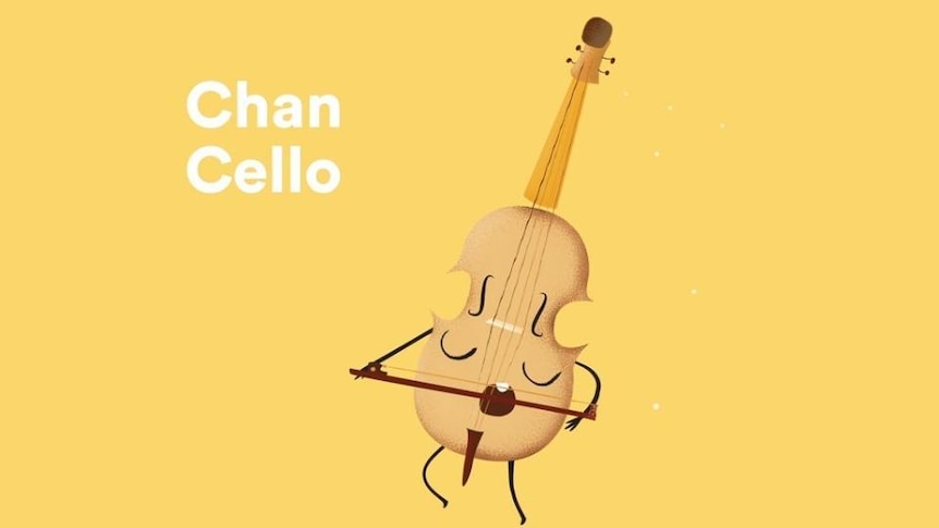 Cartoon cello with arms and legs, text reads "Chan Cello"