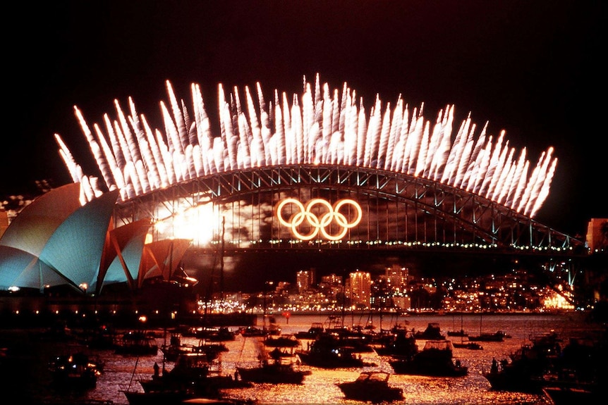 The Olympic rings on the Sydney Harbour Bridge during the 2000 Sydney Olympics, October 2000.