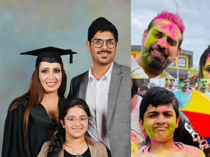 A composite image of a father and son, and a couple and their daughter