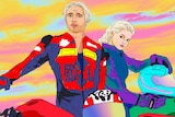 An illustration of Flume and MAY-A in their moto GP gear from the 'Say Nothing' video