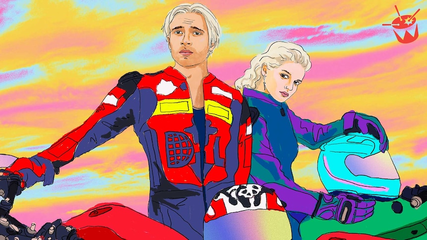 An illustration of Flume and MAY-A in their moto GP gear from the 'Say Nothing' video