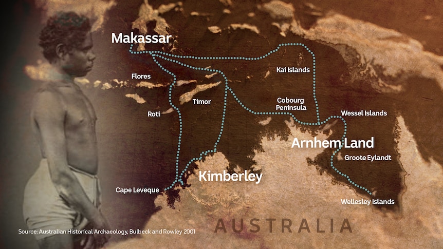 A map showing the north of Australia and islands off the coast with fishing routes marked. 