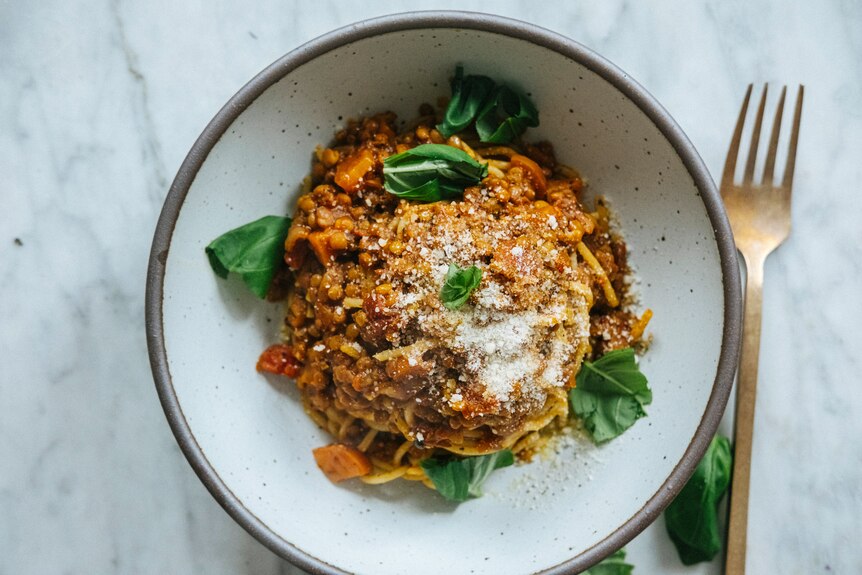 A speckled white bowl of lentil bolognese ragu topped with vegan parmesan cheese and fresh basil.