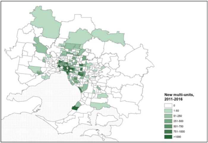A map showing the changes in multi-unit developments across greater Melbourne.