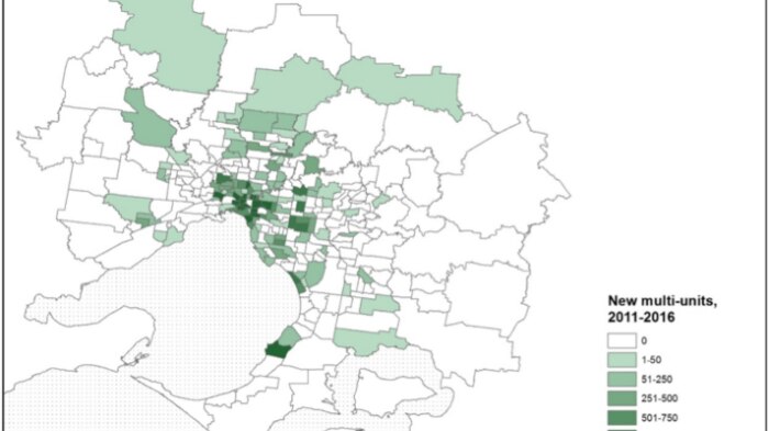 A map showing the changes in multi-unit developments across greater Melbourne.