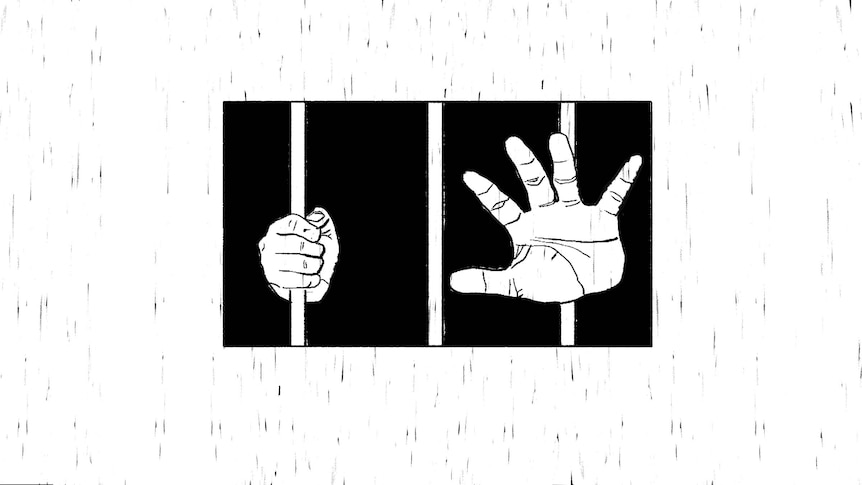 An illustration of hands behind jail cell bars.