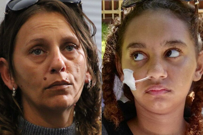 A composite image of a mother looking worried and her daughter, who has a feeding tube coming out of her nose.